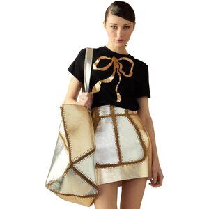 💿💋🕺90s GLAM!🕺💋💿 Whipstitched Leather Sirt in Metallic Gold & Silver